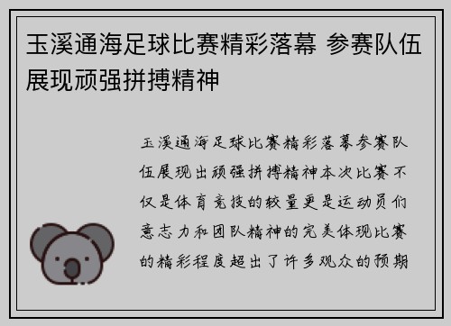 玉溪通海足球比赛精彩落幕 参赛队伍展现顽强拼搏精神