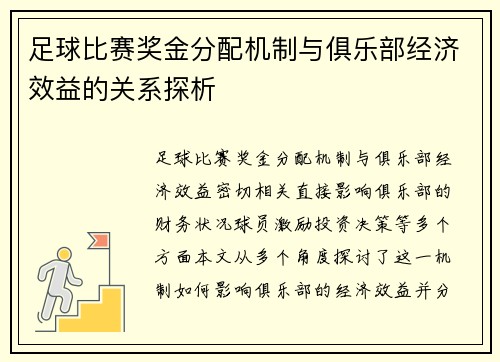 足球比赛奖金分配机制与俱乐部经济效益的关系探析